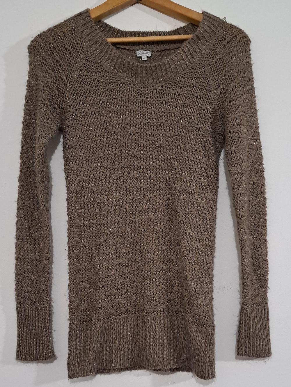 Kismet Taupe Open-Knit Crewneck Sweater